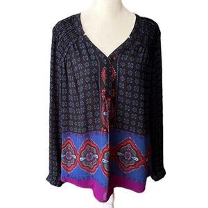 Black Rainn Blouse Navy Blue Red Purple Geometric V-neck Roll Tab‎ Sleeves M